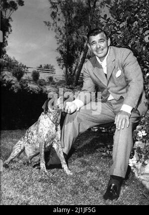 CLARK A PIGNON avec son chien BOB un pointeur allemand à cheveux courts à son Ranch Home à Encino Californie au début de 1949 publicité pour Metro Goldwyn Mayer Banque D'Images