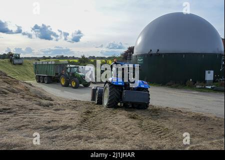 Allemagne, usine de biogaz et réservoir de gaz pour GNC / DEUTSCHLAND, Damnatz im Wendland, Hof und Biogasanlage, Herstellung von Biomethan bzw. Gaz GNC, planète Gaspeicher und Maisensilage Banque D'Images