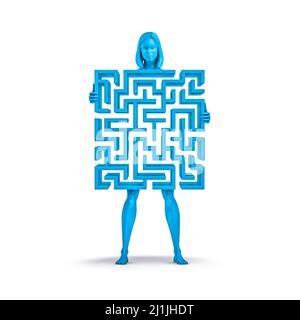 Maze femme bleu - 3D illustration de la figure femelle tenant le labyrinthe qui forme son corps isolé sur fond blanc de studio Banque D'Images