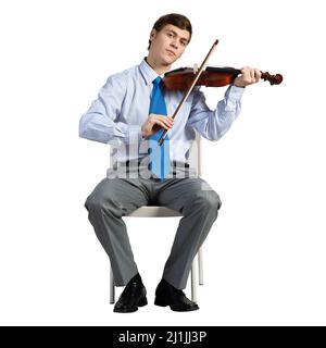 homme d'affaires sur une chaise avec violon Banque D'Images