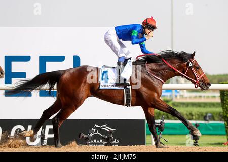 Meydan, États-Unis. 26th mars 2022. 26 mars 2022 : Bathrat Leon #4, monté par Ryusei Sakai, remporte le Godolphin Mile (Groupe 2) sur la carte de la coupe du monde de Dubaï à l'hippodrome de Meydan à Meydan, Dubaï Émirats arabes Unis le 26th mars 2022. Shamela Hanley/Eclipse Sportswire/CSM/Alamy Live News Banque D'Images