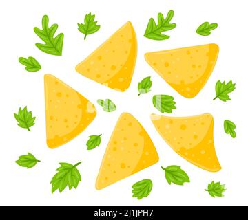 Nachos mexicains, chips de tortilla de maïs. Illustration vectorielle de dessin animé isolée sur fond blanc. Illustration de Vecteur