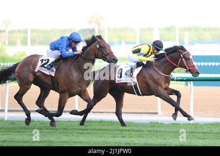 Meydan, États-Unis. 26th mars 2022. 26 mars 2022 : Stay idiot #9, criblé par Christophe Lemaire, remporte la coupe d'or de Dubaï (Groupe 2) sur la carte de la coupe du monde de Dubaï à l'hippodrome de Meydan à Meydan, Dubai Emirats Arabes Unis le 26th mars 2022. Shamela Hanley/Eclipse Sportswire/CSM/Alamy Live News Banque D'Images