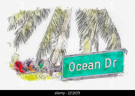 Illustration aquarelle du panneau de rue Ocean Drive dans le quartier Art Deco du sud de Miami aux États-Unis Banque D'Images