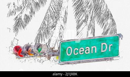 Illustration aquarelle du panneau de rue Ocean Drive dans le quartier Art Deco du sud de Miami aux États-Unis Banque D'Images