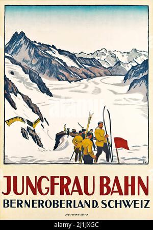 Affiche de voyage vintage, sport d'hiver, ski - Emil Cardinaux (1877-1936) JUNGFRAU BAHN, 1919. Banque D'Images