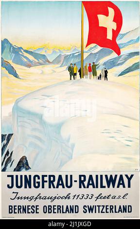 Affiche de voyage vintage, Sports d'hiver, ski - Emil Cardinaux (1877-1936) JUNGFRAU-RAILWAY - 1928 - Suisse, Suisse, Suisse, Suisse. Banque D'Images