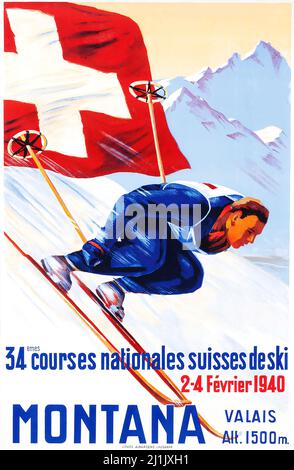 Affiche de voyage vintage, Sport d'hiver, ski - artiste anonyme. Montana, Valais. 1940. Schweiz, Suisse, Suisse, affiche suisse. Artiste inconnu. Banque D'Images