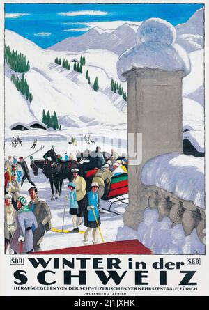 Affiche de voyage vintage, sport d'hiver, ski - hiver dans le der Schweiz - Emil Cardinaux (1877-1936), œuvre d'art, Suisse, Suisse, affiche suisse. 1921. Banque D'Images