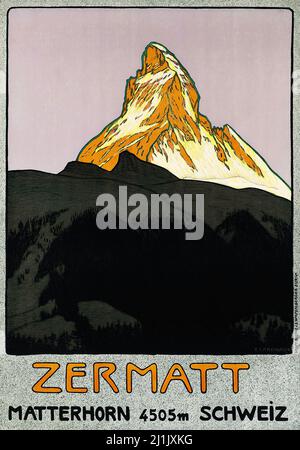 Zermatt - affiche de voyage vintage, sport d'hiver, ski - Suisse, Suisse, Suisse - oeuvres d'Emil Cardinaux (1877-1936) Banque D'Images