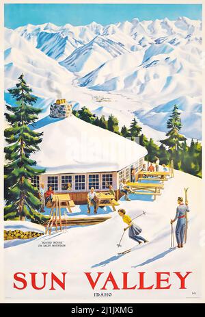 Affiche de voyage vintage, sport d'hiver, ski - SUN VALLEY Idaho, c 1950. Banque D'Images