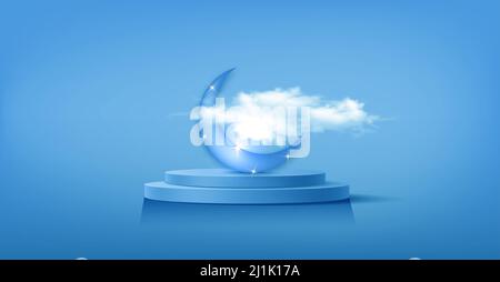 Podium islamique de luxe avec croissant de lune symboles islamiques traditionnels. 3D bannière horizontale en arabe pour la présentation des produits, la présentation des produits, les cosmétiques Illustration de Vecteur