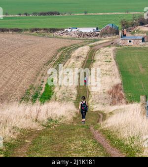 East Lothian, Royaume-Uni. 26th mars 2022. Météo au Royaume-Uni : soleil de printemps chaud sur John Muir Way. Photo : marcheurs le long d'une partie de la route entre East Linton et North Berwick avec une jeune femme habillée pour le temps chaud Banque D'Images