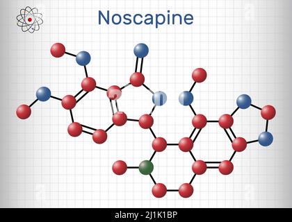 Molécule de Noscapine. Il est un alcaloïde isoquinoléine non sédating utilisé pour ses propriétés antitussitives. Modèle de molécule. Feuille de papier dans une cage. Vecteur Ill Illustration de Vecteur