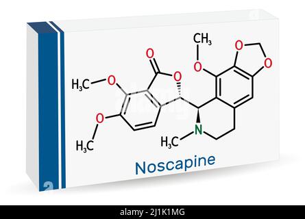 Molécule de Noscapine. Il est un alcaloïde isoquinoléine non sédating utilisé pour ses propriétés antitussitives. Formule chimique du squelette. Emballage en papier pour médicaments Illustration de Vecteur