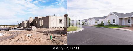 Avant et après la prise de vue de maisons en banlieue - les conceptions de maisons affichées dans cette image représentent une simulation d'un vrai produit et Banque D'Images