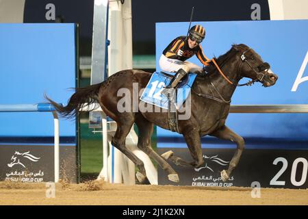 Meydan, États-Unis. 26th mars 2022. 26 mars 2022 : la Suisse #12, criée par Tadhg O'Shea, remporte le Dubai Golden Shaheen (Groupe 1) sur la carte de la coupe du monde de Dubaï à l'hippodrome de Meydan à Meydan, Dubai Emirats Arabes Unis le 26th mars 2022. Shamela Hanley/Eclipse Sportswire/CSM/Alamy Live News Banque D'Images