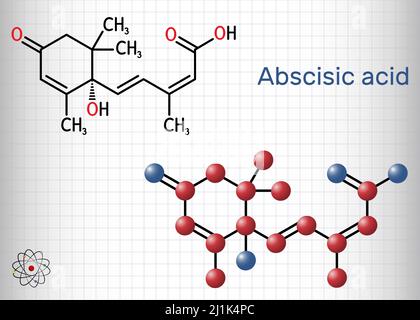 Acide abscissique, molécule d'ABA. C'est dormine, hormone végétale. Formule structurale, modèle moléculaire. Feuille de papier dans une cage. Illustration vectorielle Illustration de Vecteur