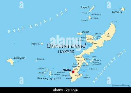 Îles Okinawa, carte politique. Groupe insulaire dans la préfecture d'Okinawa au Japon, en mer de Chine orientale, avec la capitale Naha. Partie des îles Ryukyi. Banque D'Images