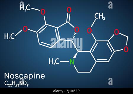 Molécule de Noscapine. Il est un alcaloïde isoquinoléine non sédating utilisé pour ses propriétés antitussitives. Formule chimique structurale sur le backgro bleu foncé Illustration de Vecteur