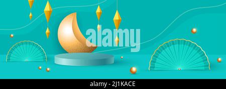 3d illustration du festival islamique turquoises classique exposition de produit avec le croissant de lune et des décorations islamiques. Illustration de Vecteur
