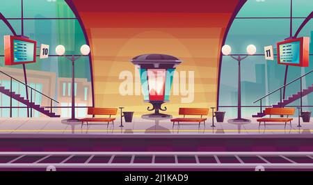 Gare, plate-forme de chemin de fer vide pour train avec dôme en verre, pilier de panneau d'affichage morris, panneaux d'arrivée et bancs, aire d'attente des passagers, publ Illustration de Vecteur