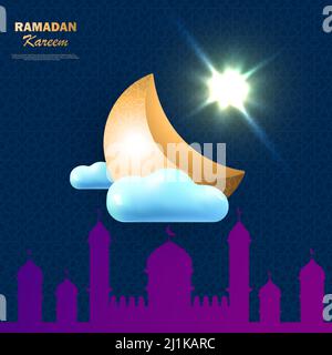 Motif de Noël Ramadan Kareem. Lune en croissant avec étoile dorée et nuages bleus. En arrière-plan se trouve la silhouette d'une mosquée. Banderole, affiche de fête Illustration de Vecteur