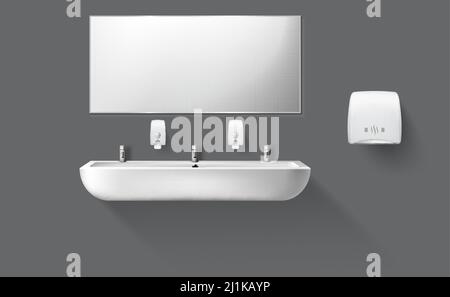 toilettes publiques avec lavabo en céramique blanche et miroir. Accessoires Vector Realistic pour toilettes intérieures avec lavabo et sèche-mains isolés sur des éléments gris Illustration de Vecteur