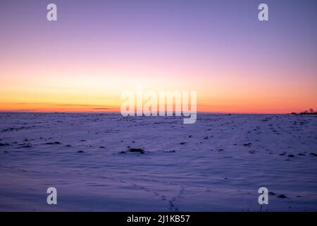 Champ d'hiver au coucher du soleil, fond violet Banque D'Images