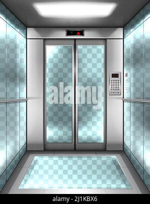 Cabine d'ascenseur en verre vide avec murs, plancher et portes fermées transparents. Intérieur Vector réaliste avec panneau de commande et écran numérique Illustration de Vecteur