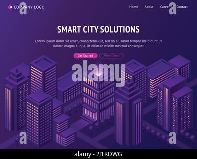 Smart City solutions page d'accueil isométrique, ville futuriste de smartcity avec de grands gratte-ciel lumineux au néon sur fond violet. Internet de t Illustration de Vecteur