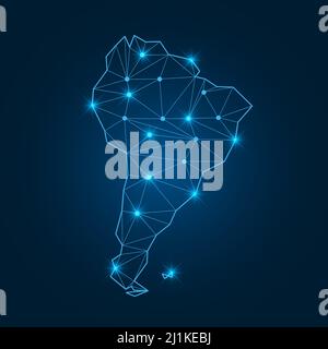 Carte d'Amérique du Sud avec formes polygonales lumineuses. Carte du monde continent linéaire avec points d'éclairage. Illustration de Vecteur