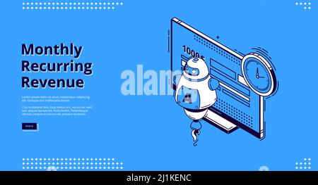 Bannière mensuelle de revenus récurrents. Rémunération et paiements fixes, concept MRR. Page d'arrivée vectorielle de revenu récurrent avec icônes isométriques de factures sur c Illustration de Vecteur