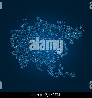 Carte de l'Asie avec formes polygonales lumineuses. Carte du monde continent linéaire avec points d'éclairage. Illustration de Vecteur
