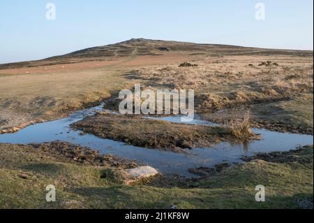 Reflet d'un ciel clair dans une flaque au sommet du Dartmoor Devon Banque D'Images