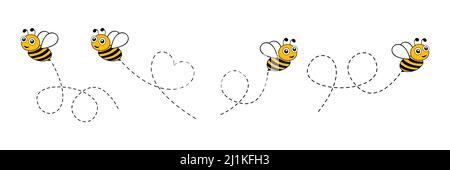 Ensemble de personnages mignon Bees. Abeille volant sur un itinéraire en pointillés isolé sur fond blanc. Illustration de Vecteur