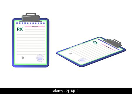 Formulaire de prescription Rx isolé sur fond blanc. Presse-papiers prescrit des médicaments, des pilules de thérapie de maladie. Illustration du vecteur isométrique. Illustration de Vecteur