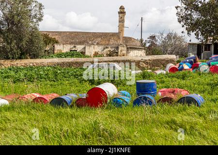 Des dizaines de fûts d'huile colorés sont dispersés dans une prairie envahie par la végétation à la périphérie du village d'Akdeniz, avec un bâtiment en pierre abandonné et un minaret visibles en arrière-plan. Akdeniz (turc pour «Mer Méditerranée») offre un aperçu de la vie rurale typique de Chypre, République turque de Chypre du Nord (RTNC). Banque D'Images