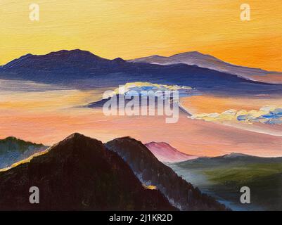 Peinture à l'huile sur toile, coucher de soleil dans les montagnes Banque D'Images