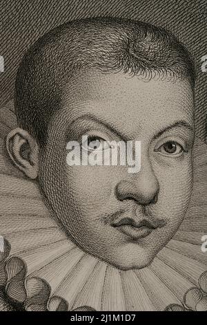 Philip III (1578-1621). Roi d'Espagne (1598-1621) et aussi, comme Philippe II, roi du Portugal, Naples, Sicile et Sardaigne. Portrait. Gravure par Masson. Lithographiée par Magín Pujadas. Détails. Historia général de España, par Modesto Lafuente. Volume III Publié à Barcelone, 1879. Banque D'Images