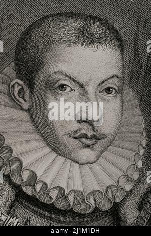 Philip III (1578-1621). Roi d'Espagne (1598-1621) et aussi, comme Philippe II, roi du Portugal, Naples, Sicile et Sardaigne. Portrait. Gravure par Masson. Lithographiée par Magín Pujadas. Détails. Historia général de España, par Modesto Lafuente. Volume III Publié à Barcelone, 1879. Banque D'Images