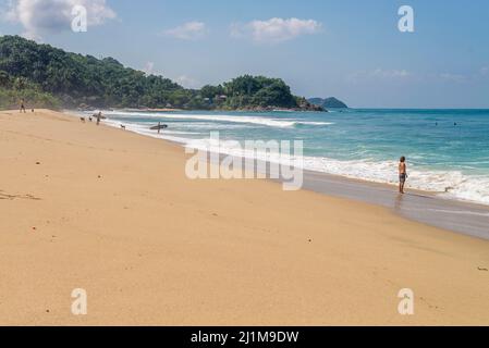 Belle matinée à la plage avec les surfeurs se préparant pour une baignade Banque D'Images