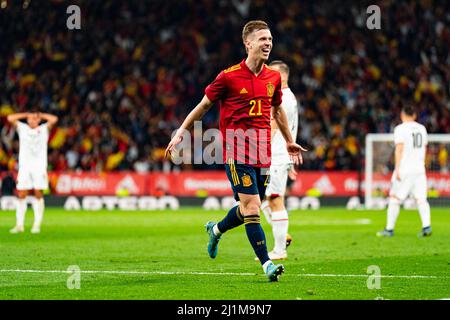 Barcelone, Espagne. 26th mars 2022. Dani Olmo (Espagne) célèbre après avoir obtenu son score lors d'un match de football entre l'Espagne et l'Albanie, au stade Cornella-El Prat, le 26 mars 2022 à Barcelone, Espagne. Foto: SIU Wu. Credit: dpa/Alay Live News Banque D'Images