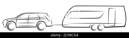 Illustration vectorielle d'une voiture SUV moderne tractant une remorque aérodynamique pour le camping et les aventures pendant les trajets Banque D'Images