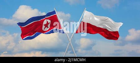 Deux drapeaux croisés la Corée du Nord et la Pologne agitant sous le vent dans un ciel nuageux. Concept de relation, de dialogue, de voyage entre deux pays. 3d illustrateur Banque D'Images