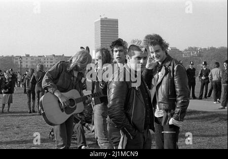 Groupe de punks mâles lors d'une démonstration de cannabis libre à Hyde Park, Londres, Angleterre en 1980. Banque D'Images