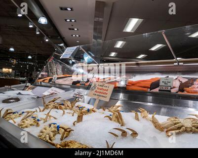 Lynnwood, WA États-Unis - vers mars 2022 : vue inclinée d'une exposition de fruits de mer de crabe dormeur sur glace. Banque D'Images