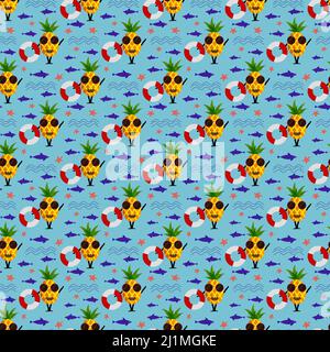 Motif avec dessin animé ananas, mer et poisson. Illustration d'été. Illustration de Vecteur