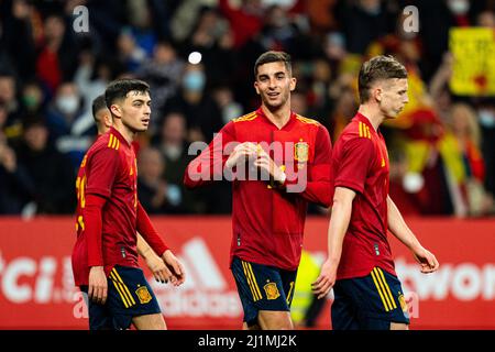 Barcelone, Espagne. 26th mars 2022. Ferran Torres (Espagne) célèbre après avoir obtenu le premier but lors du match de football entre l'Espagne et l'Albanie, au stade Cornella-El Prat, le 26 mars 2022 à Barcelone, Espagne. Foto: SIU Wu. Credit: dpa/Alay Live News Banque D'Images