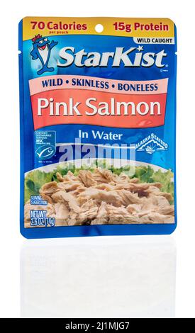 Winneconne, WI -20 mars 2021 : un paquet de saumon rose Starkist sur un fond isolé Banque D'Images